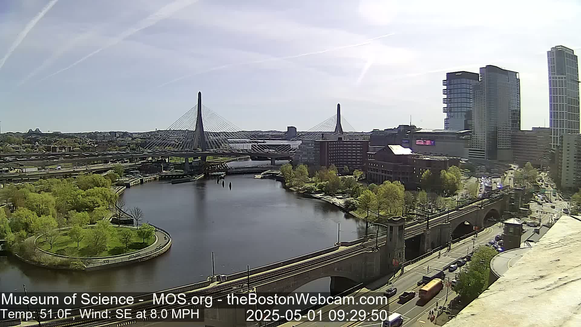 A sunny cityscape shows two cable-stayed bridges spanning a river, with modern high-rise buildings and lush green parkland in the foreground.