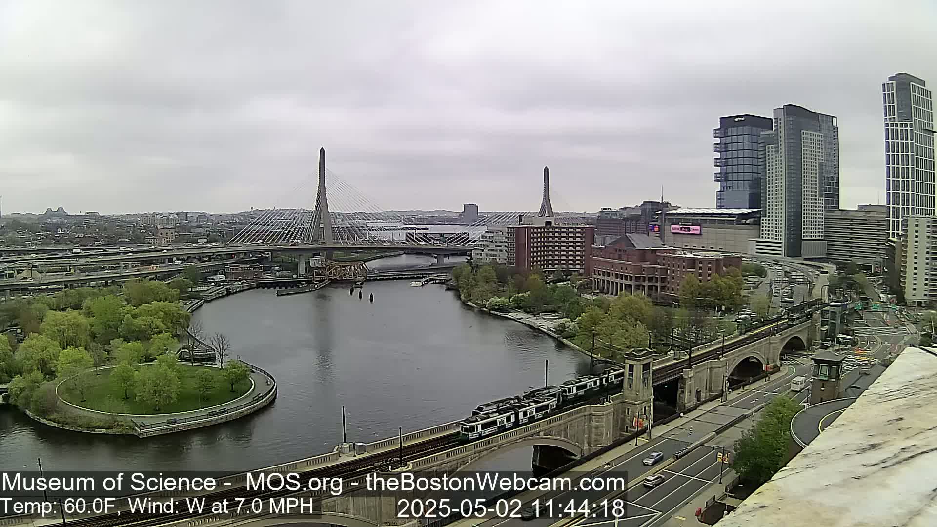 A city scene on an overcast day shows two cable-stayed bridges spanning a river with a train crossing a stone bridge in the foreground, and several modern buildings in the background.
