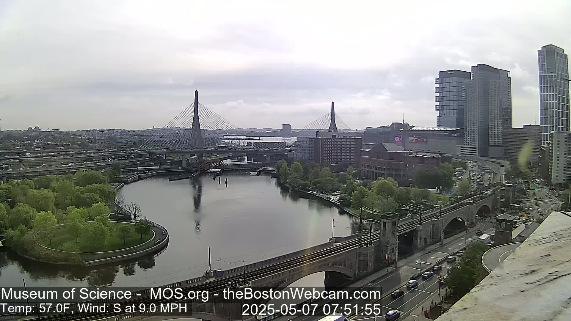 A city view on an overcast day shows two cable-stayed bridges spanning a river, with modern buildings and a park in the foreground.