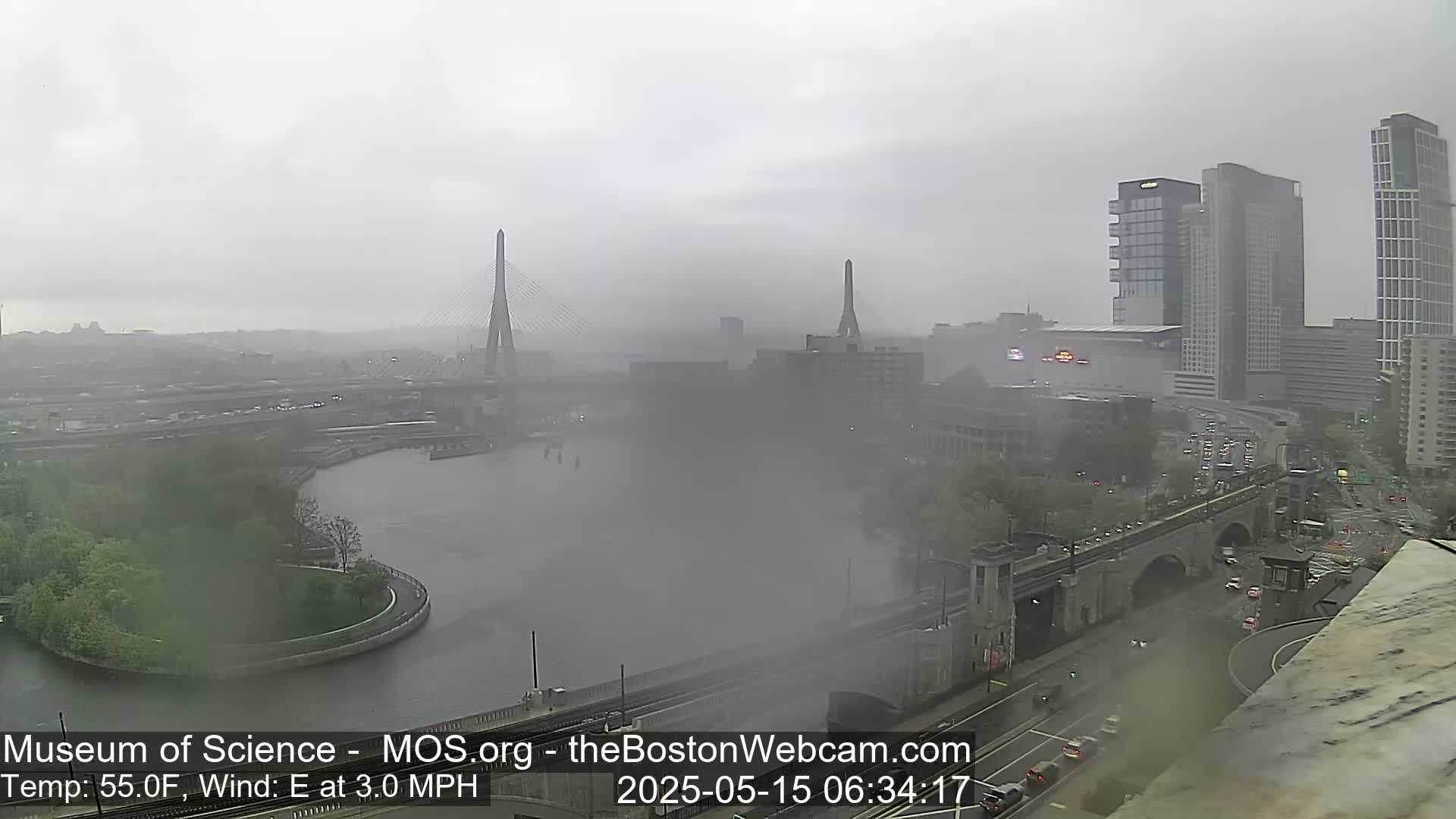 A hazy, rainy view of a city waterfront featuring two cable-stayed bridges, several buildings, and a roadway with vehicles.