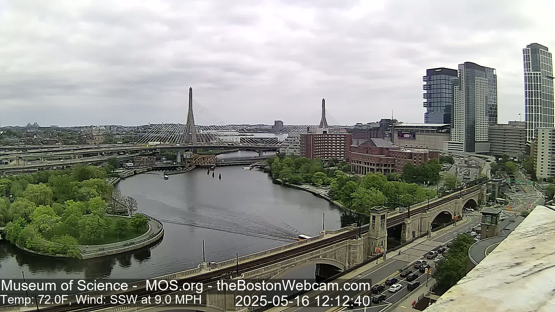 An overcast day reveals a cityscape with two cable-stayed bridges spanning a river, surrounded by green trees and modern high-rise buildings.