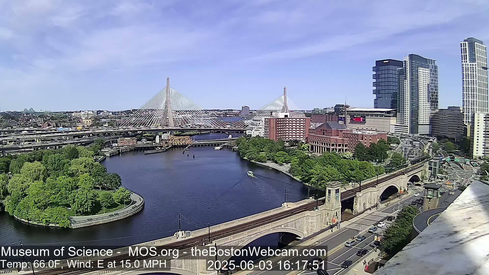 A sunny day shows a cityscape with two cable-stayed bridges spanning a river, surrounded by green parkland and modern high-rise buildings, under an East wind of 15 mph.