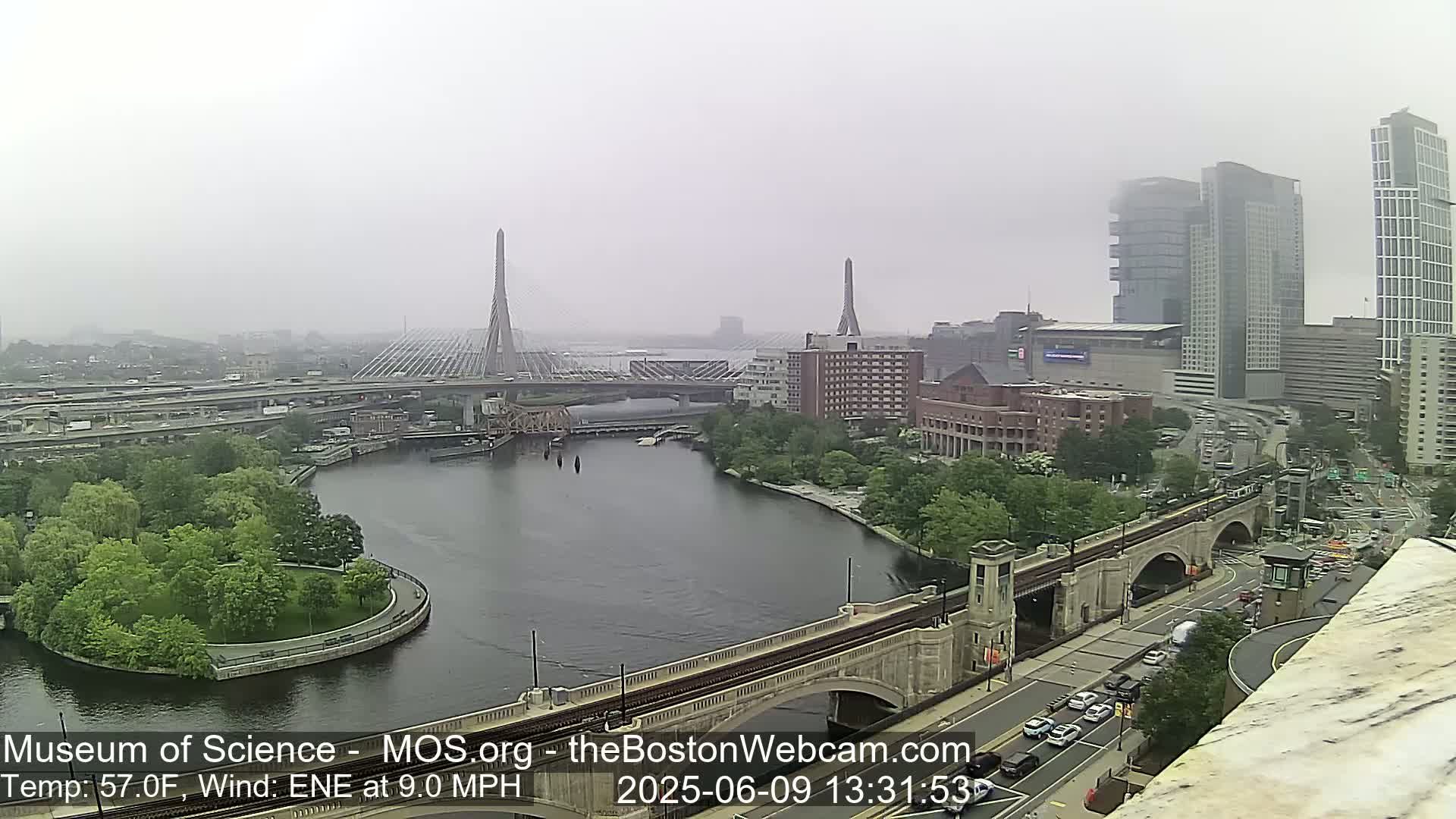 A hazy, overcast view of a city waterfront featuring two cable-stayed bridges, a river, green parkland, and several buildings, including tall skyscrapers.