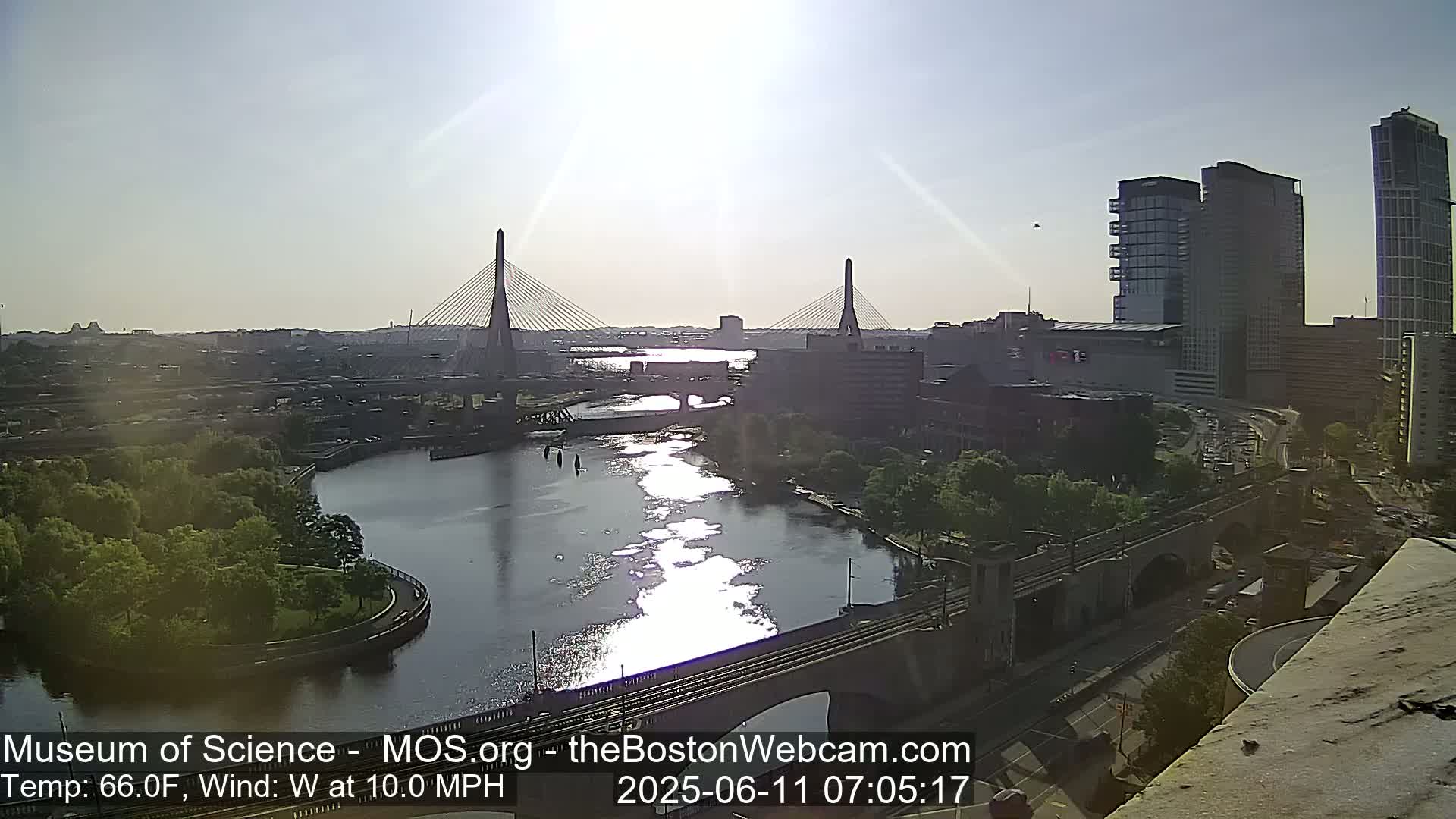 A sunny, slightly breezy day shows a city waterfront with two cable-stayed bridges, a river reflecting sunlight, and modern buildings.