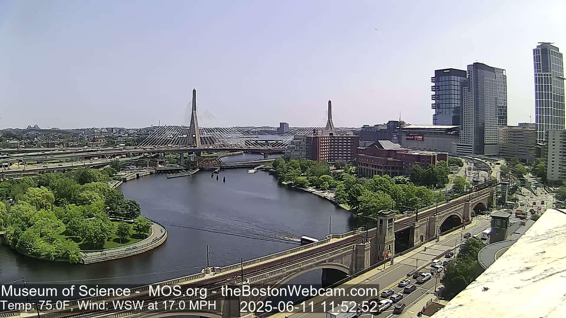 A sunny cityscape shows two cable-stayed bridges spanning a river, with several buildings, lush green trees, and a roadway in the foreground.