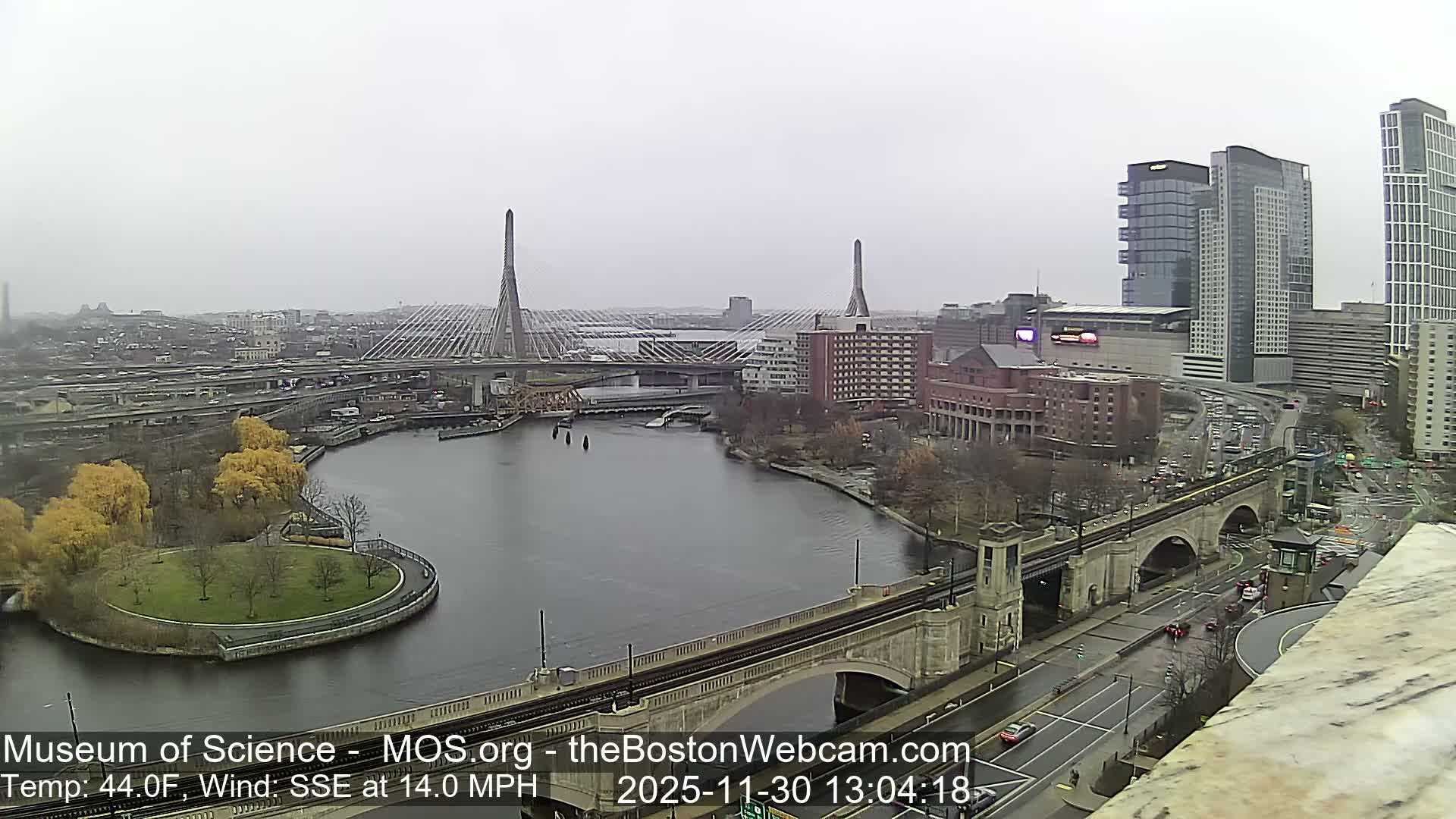 The image displays a sprawling cityscape at night, showcasing two brilliantly lit cable-stayed bridges arching over a dark river that reflects the surrounding urban lights and towering buildings, with a current temperature of 39.0F and a west wind blowing at 9.0 MPH.