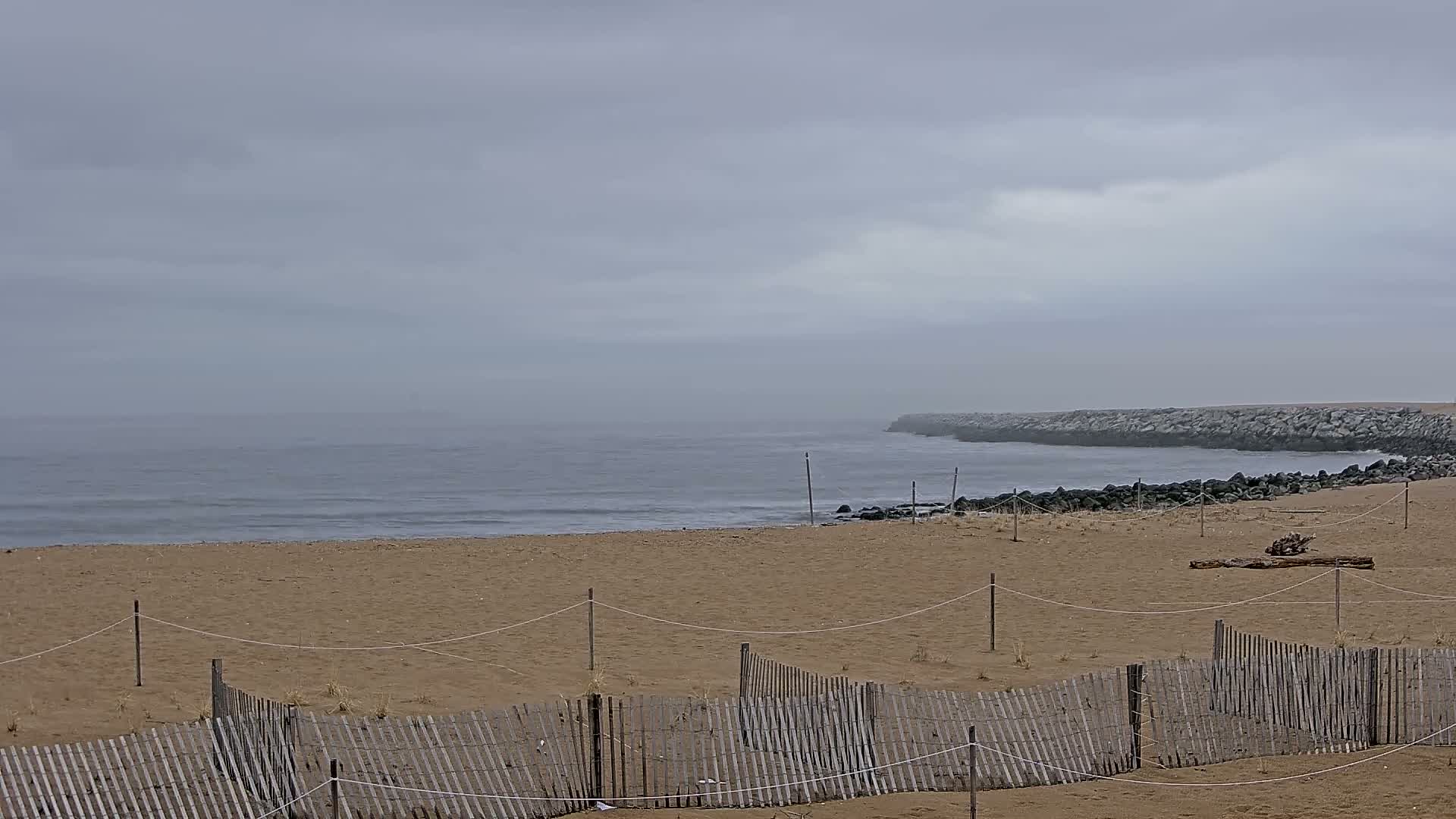 A sandy beach with a low wooden fence stretches towards a calm, gray ocean under an overcast sky.