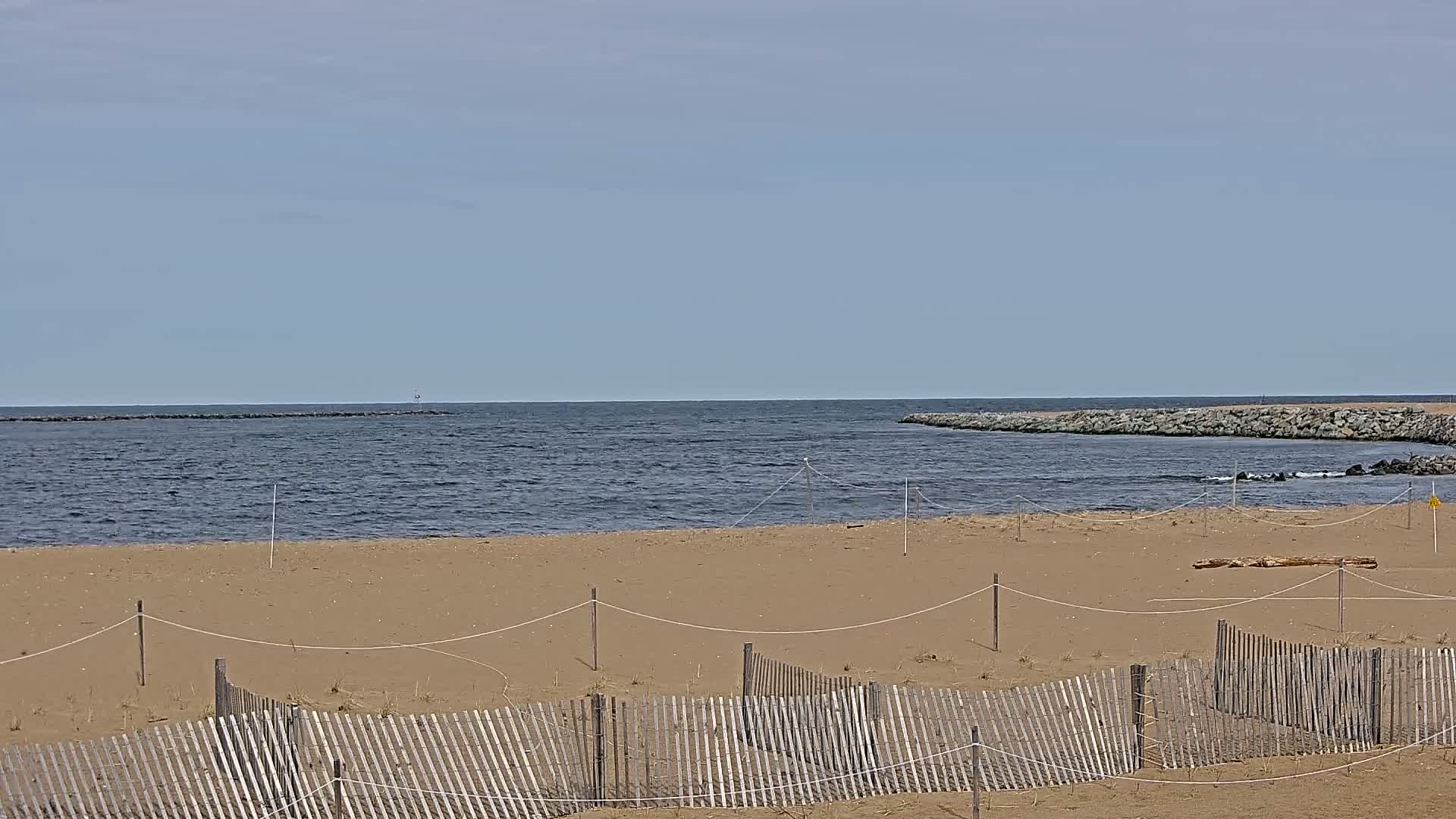 A sandy beach with a low wooden fence stretches toward a calm, dark-blue ocean under a clear, light-blue sky.