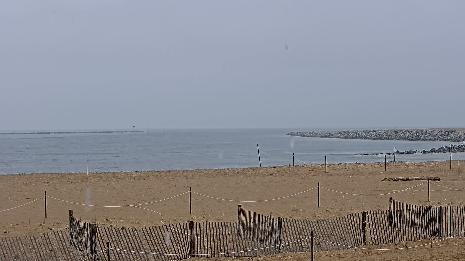 A sandy beach with a low wooden fence is visible, overlooking a calm, gray sea under a light snowfall.