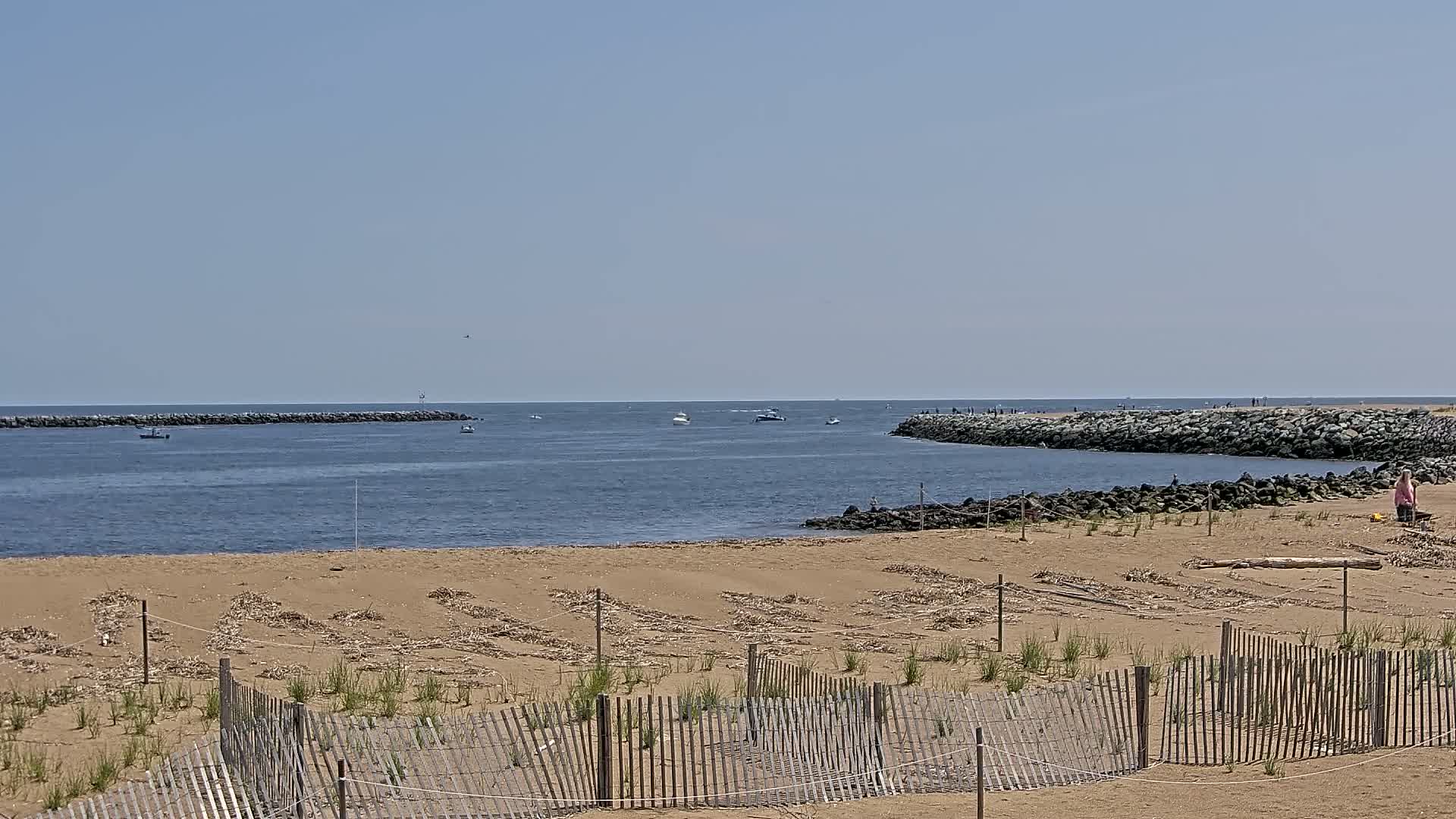 A sandy beach with a wooden fence separating newly planted dune grass from the calm ocean, which contains several small boats and rock jetties.