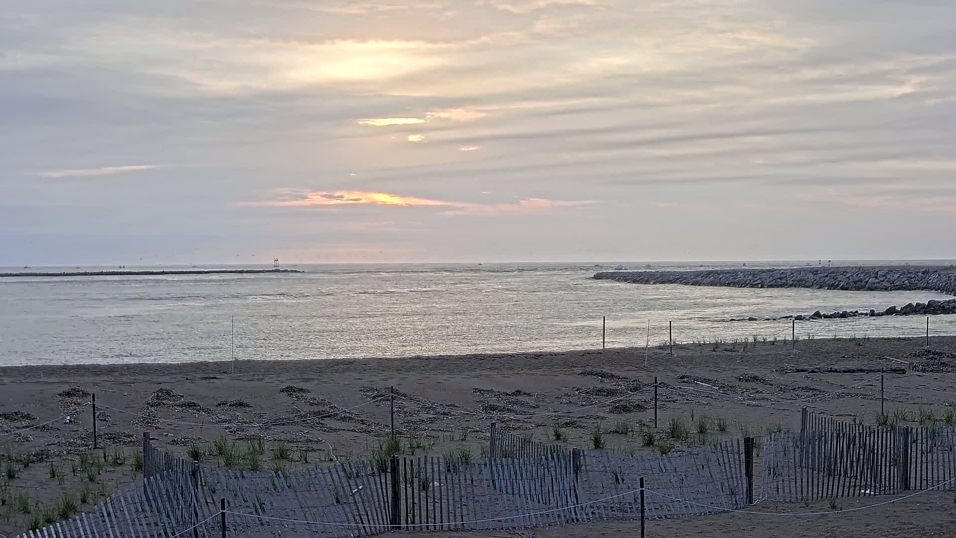 A sandy beach with a wooden fence and young plants is situated before a calm inlet of water under a pale, cloudy sunrise.