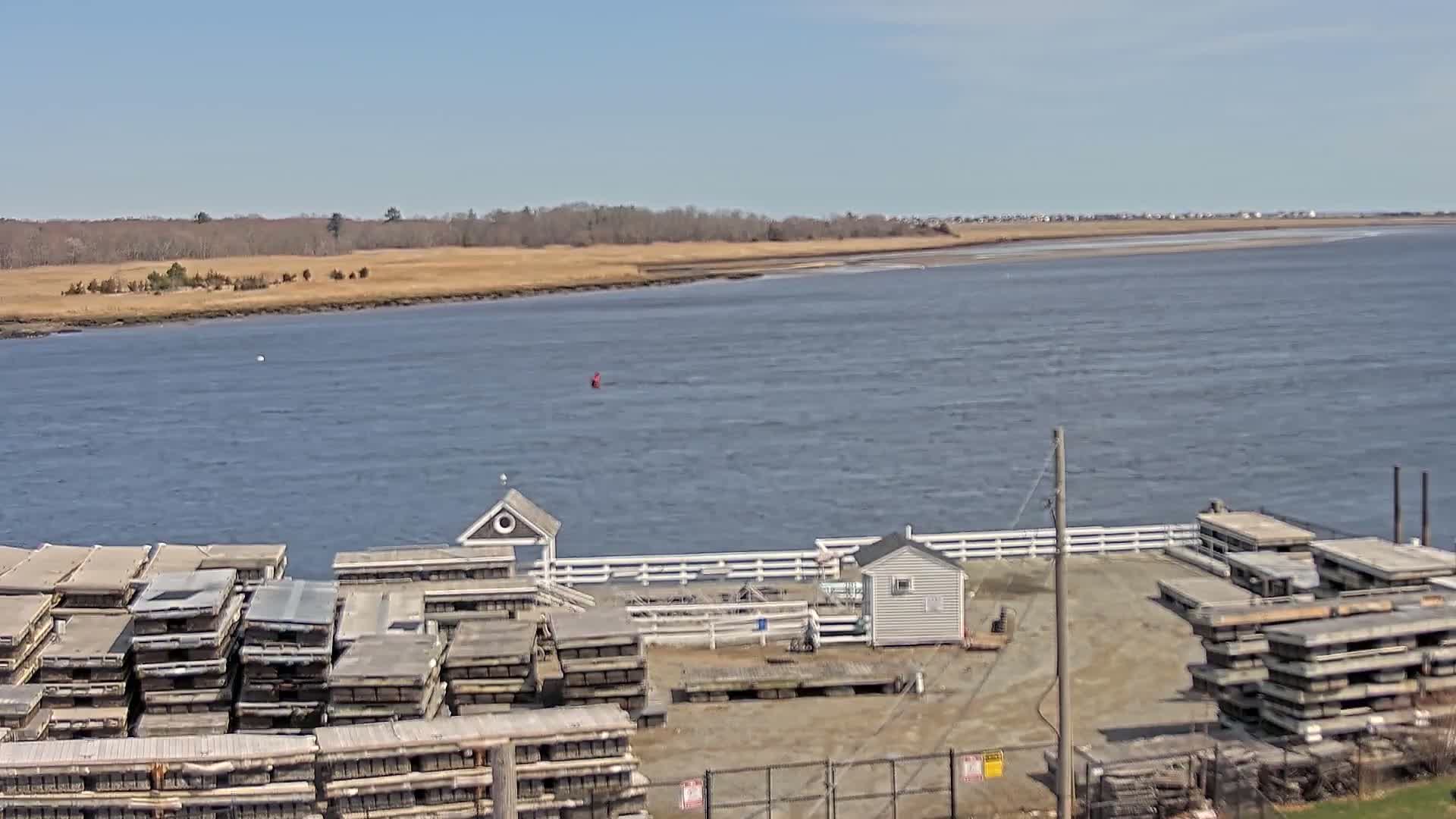 A calm body of water stretches out before a dock where numerous stacked, rectangular structures are situated, under a clear, sunny sky.
