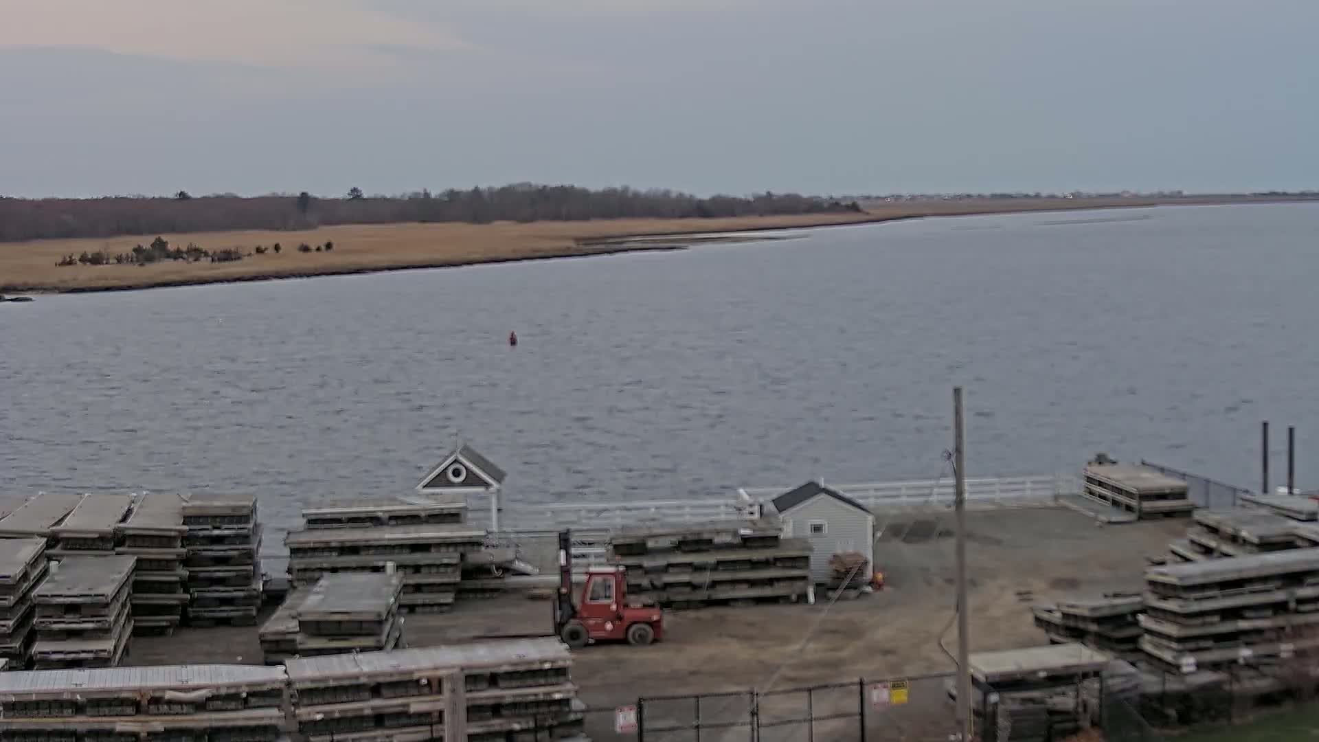 A red forklift sits near stacks of grey planks by a body of water under a cloudy sky.