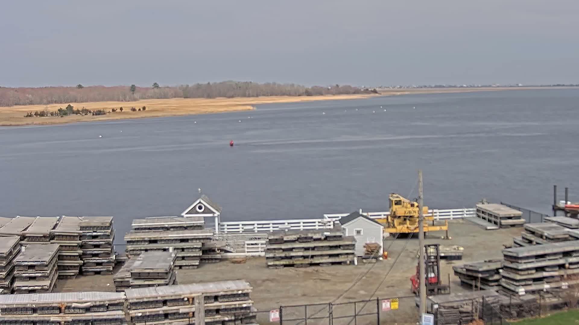 A calm, overcast day reveals a body of water with stacked wooden docks and a yellow crane near a small building, all bordered by a shoreline of muted brown grasses and distant trees.