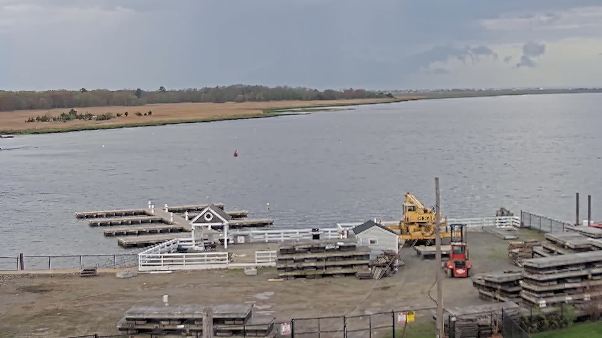 A body of water with a small marina, a crane, and a forklift are visible, under overcast skies, next to a marshy shoreline.