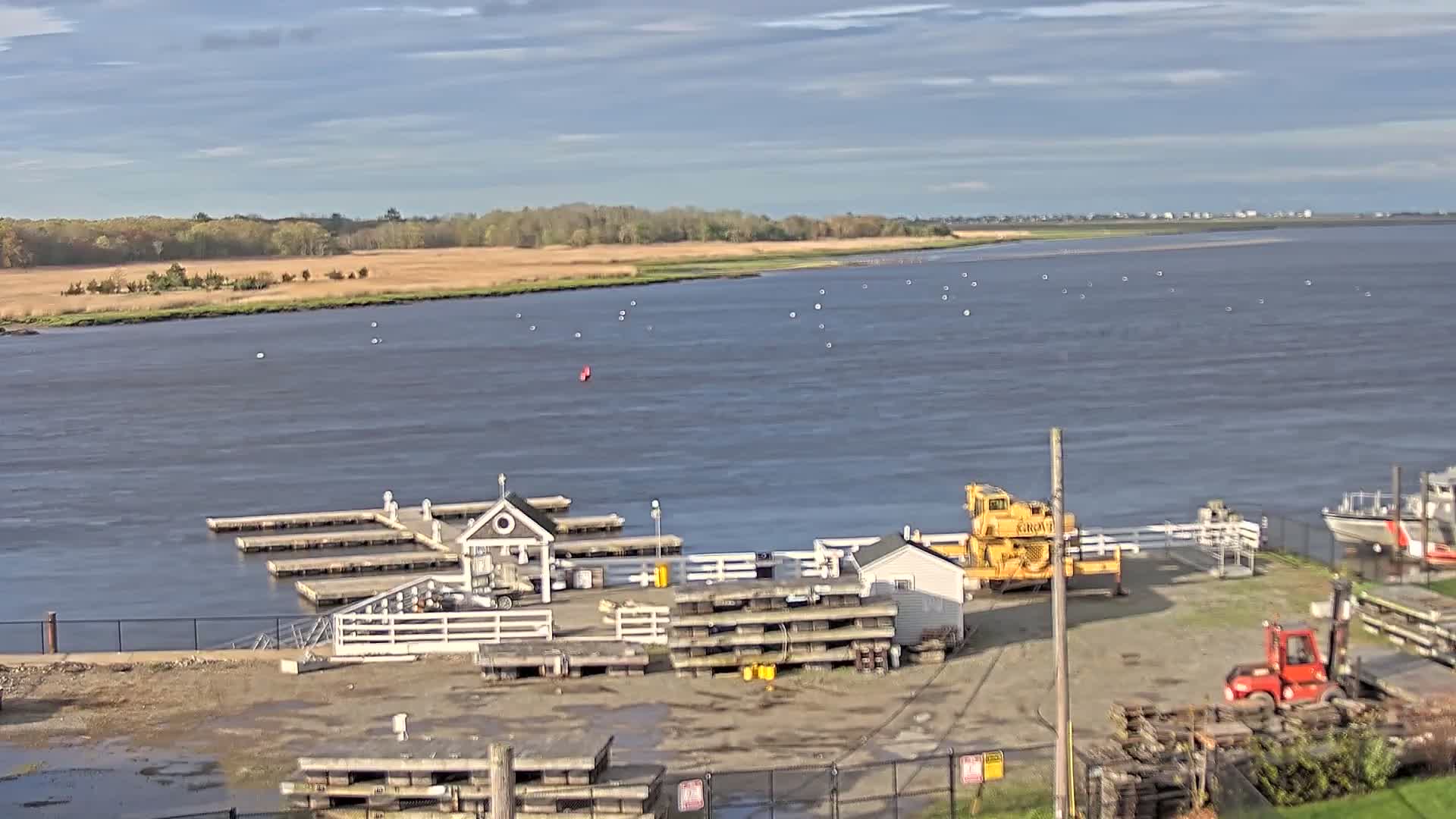 A mostly sunny day shows a calm body of water with a small dock, a small building, a crane, a forklift, and a coast guard boat in the distance, all situated next to a marshy shoreline with trees.