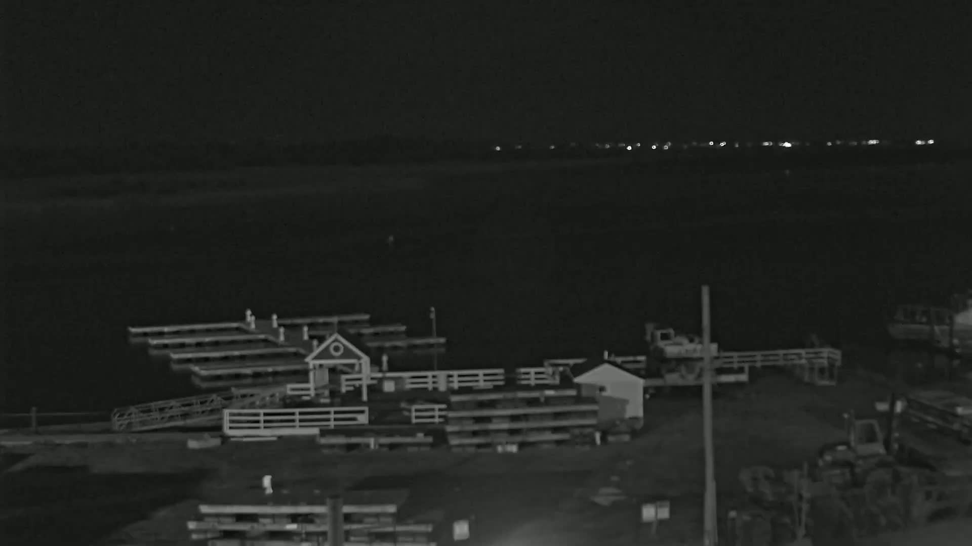 A nighttime, low-light view of a marina with several docks, small buildings, and heavy machinery near a body of dark water under a clear sky.
