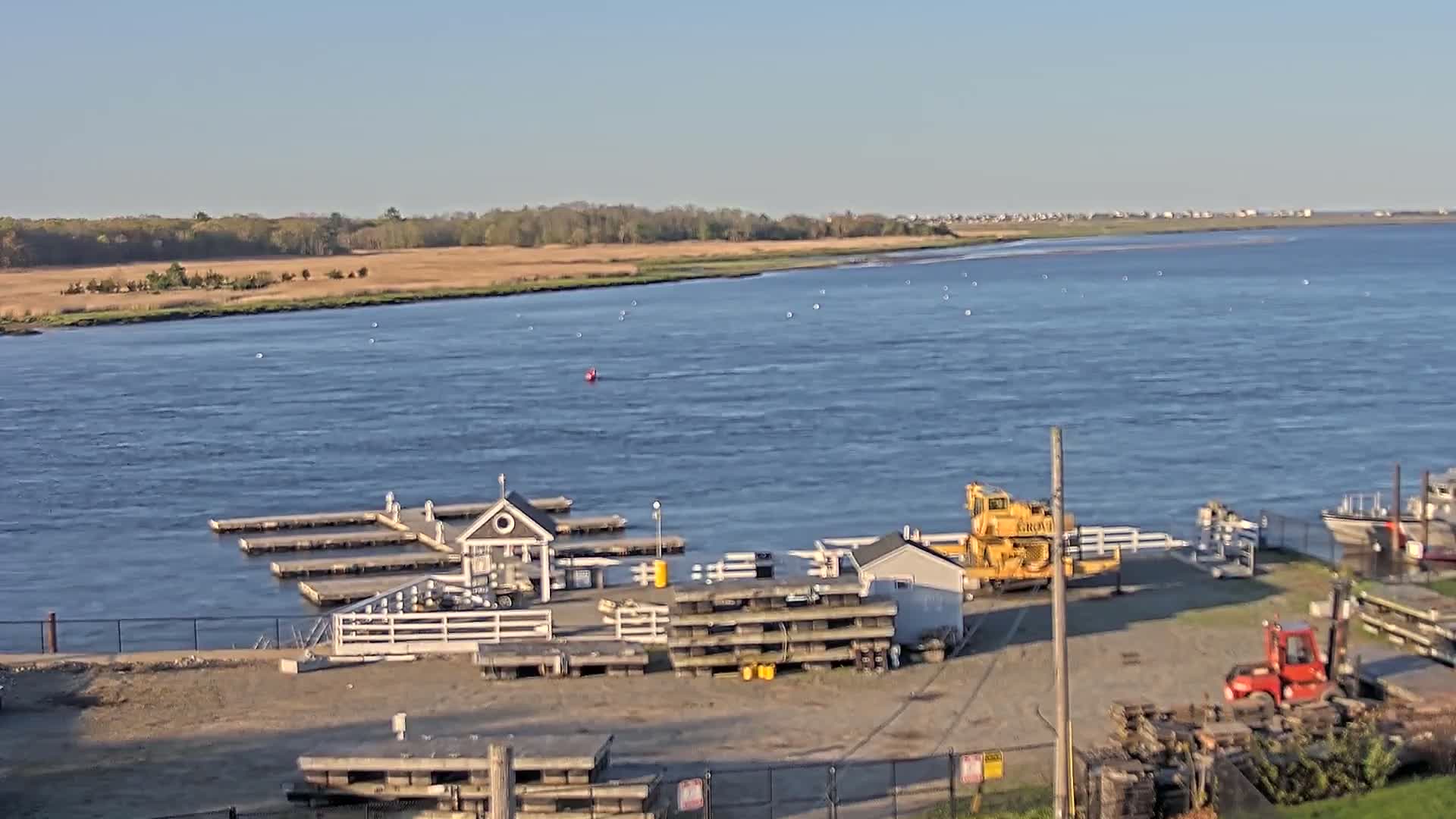 A calm, sunny day reveals a small harbor with docks, a crane, and a forklift near a body of water bordered by marshland.