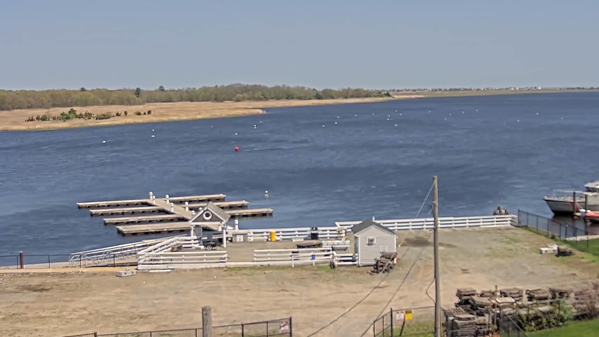 A marina with several docks sits on a calm, blue body of water under a clear sky, next to a grassy shoreline and a small white building.