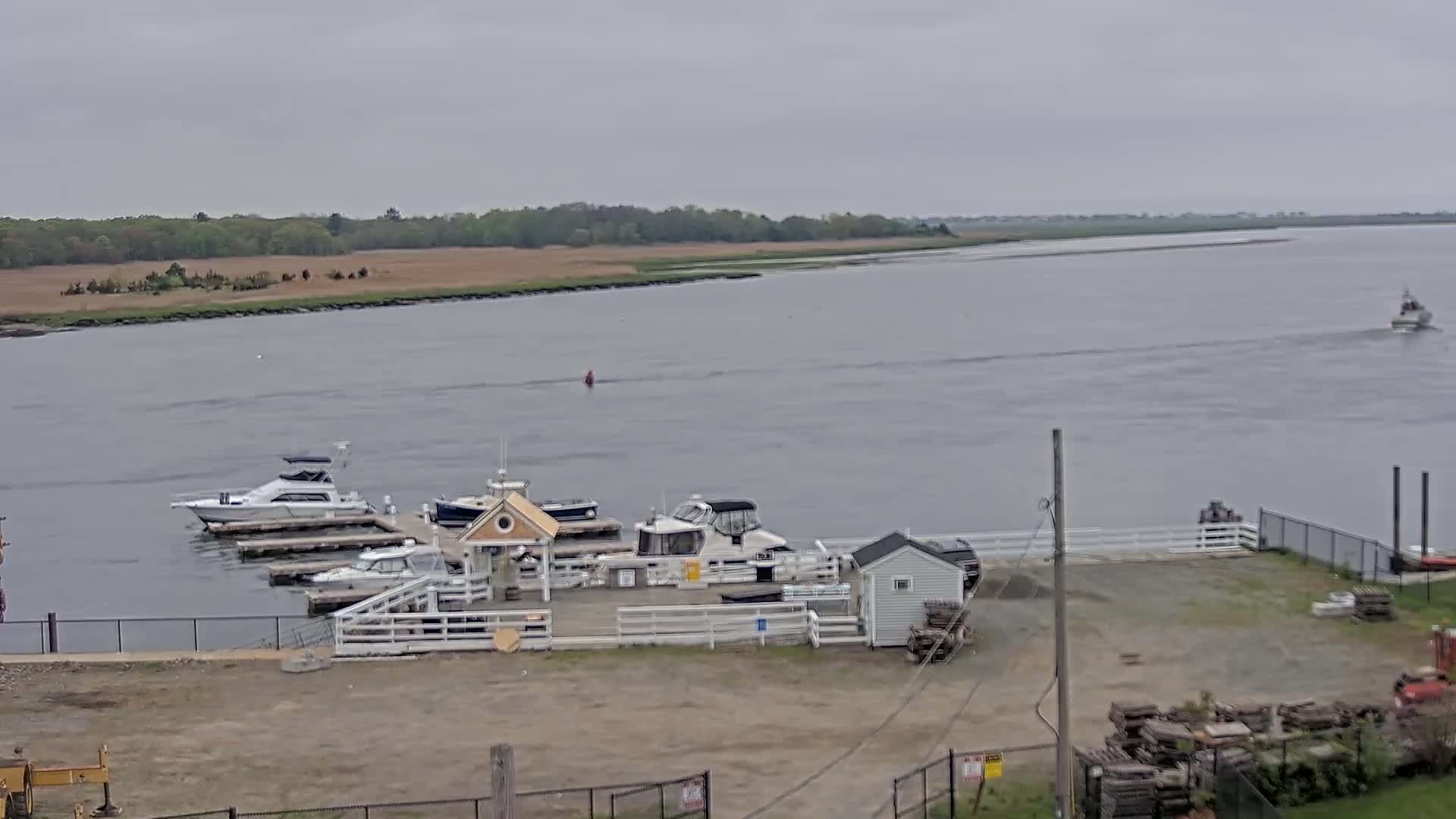 Several boats are docked at a small marina on a wide river under an overcast sky.