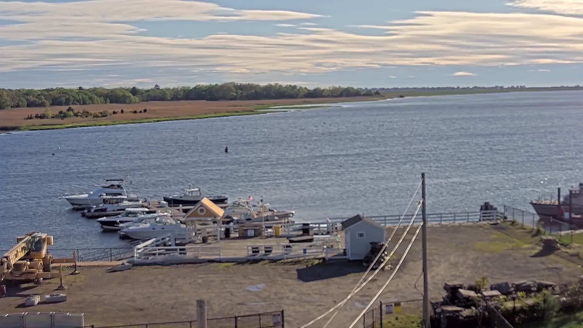 A marina with several boats docked, a small building, and a large body of water under a partly cloudy sky.