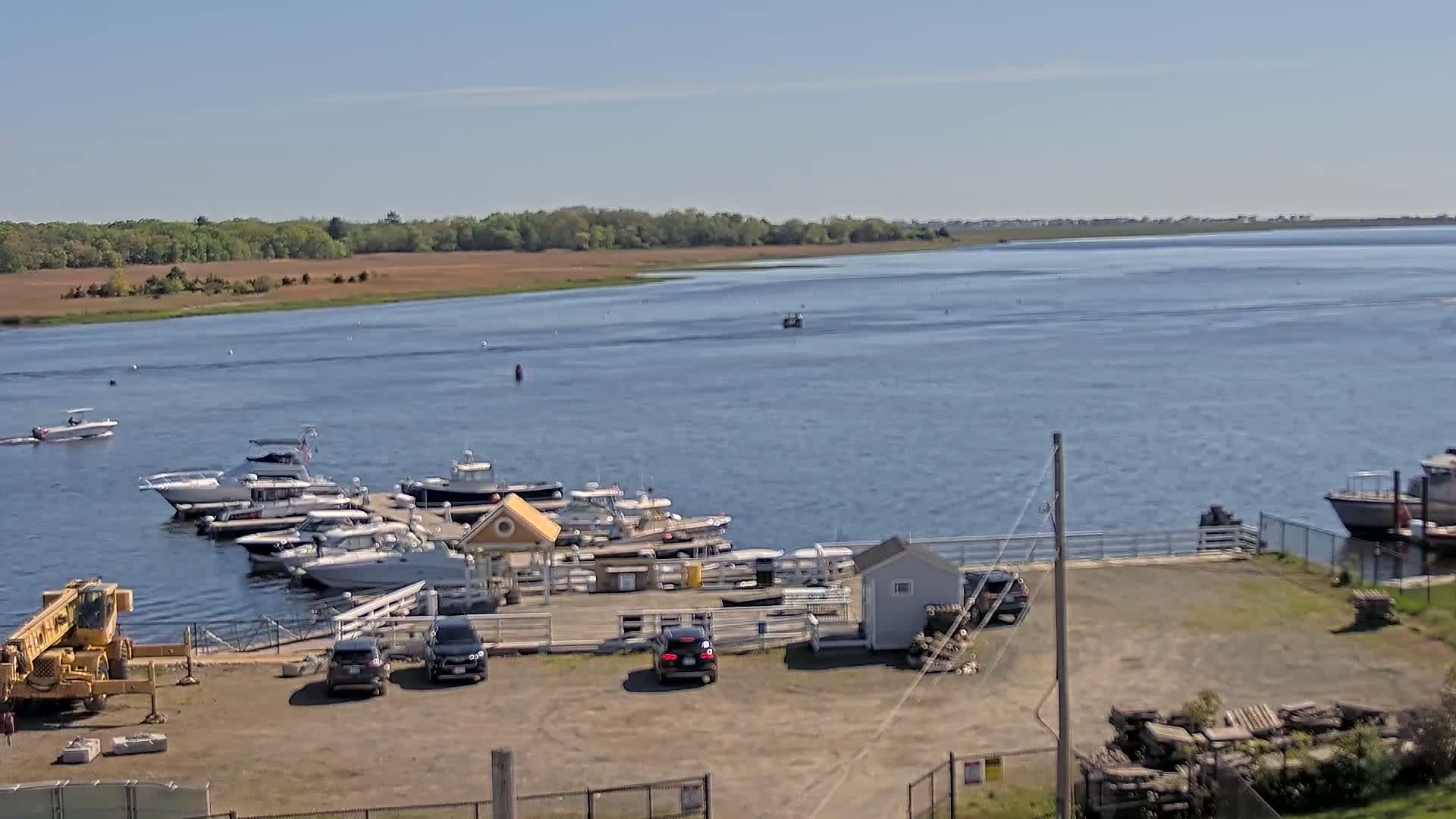 A marina with several boats docked, a few cars in a parking lot, and a calm body of water extending to a tree-lined shore under a clear sky.