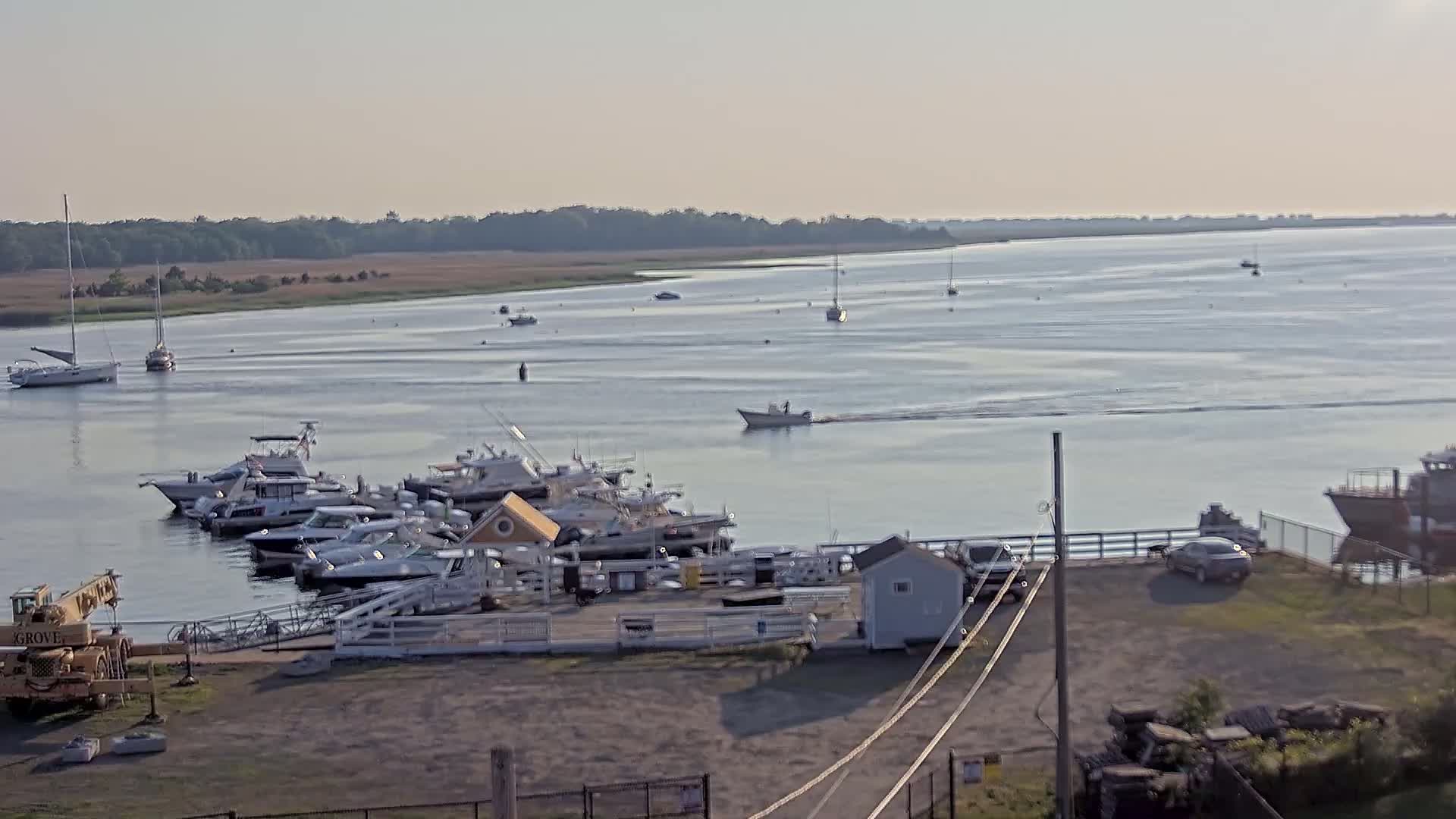 A calm, light-colored body of water with several boats docked at a marina and others sailing on the open water, backed by a green shoreline under a clear, pale sky.