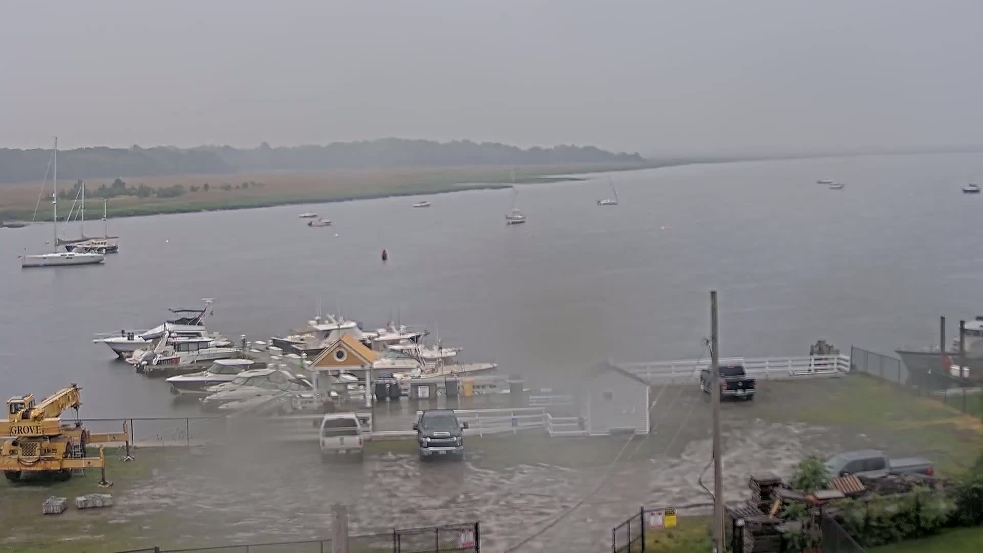 A marina with numerous boats is shown during a heavy rainstorm, with several vehicles parked nearby and a body of water extending into the background.