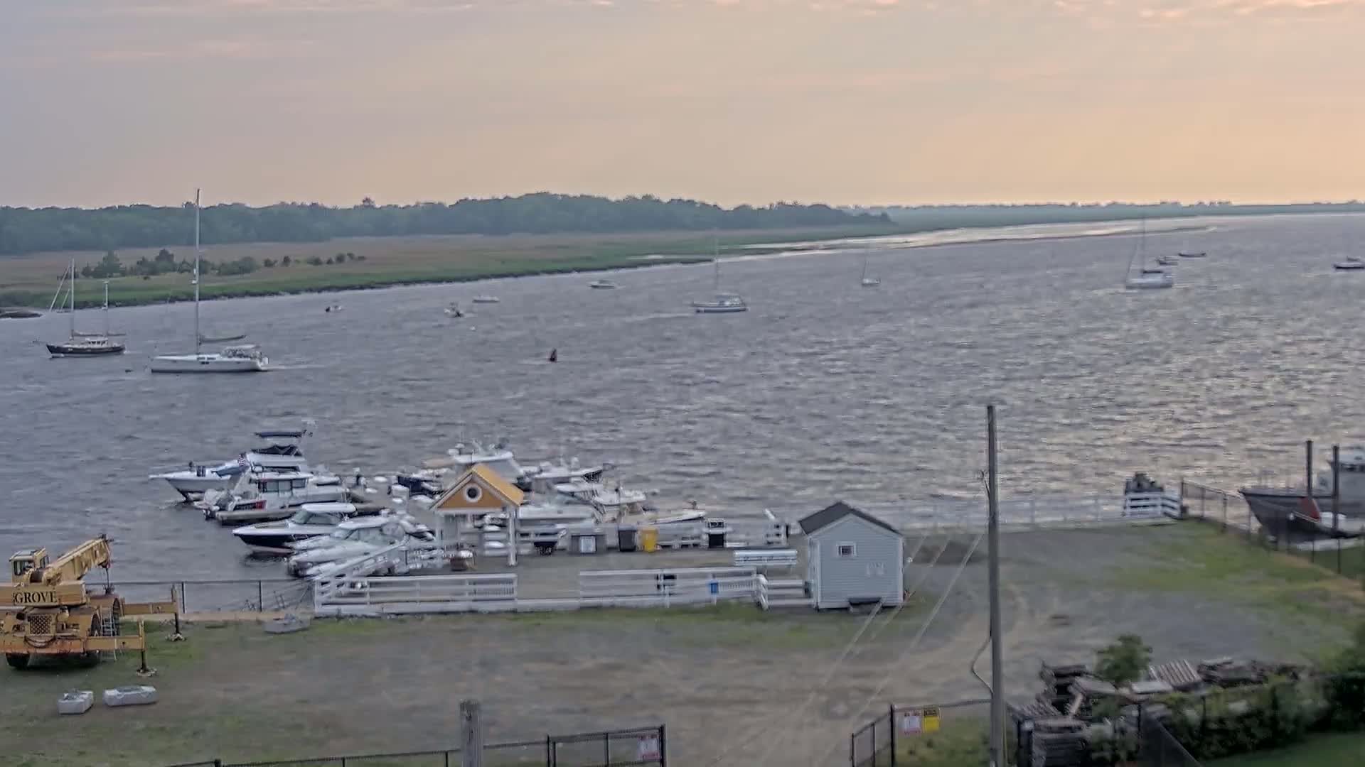 A marina with numerous boats docked, under a partly cloudy sky, overlooks a wide river with several sailboats and motorboats on the water.