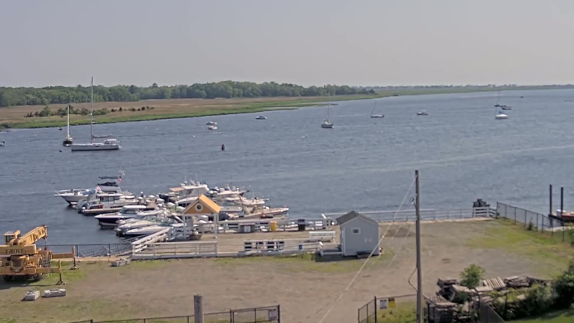 A marina with numerous boats docked, situated on a calm body of water under a clear, sunny sky, with additional boats visible further out on the water.