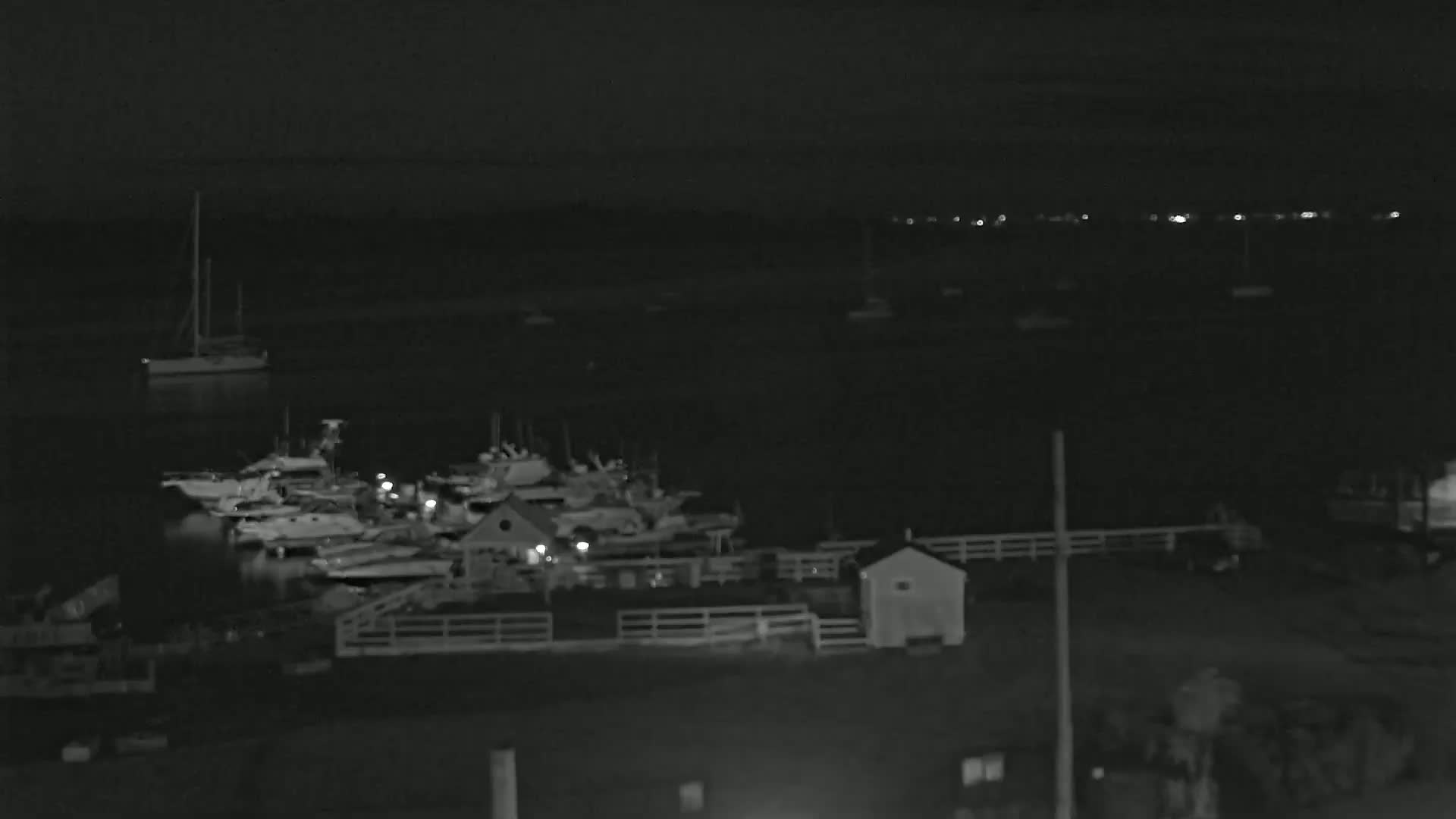 A nighttime, low-light view of a marina with numerous boats docked, some lights visible on the boats and the shore.