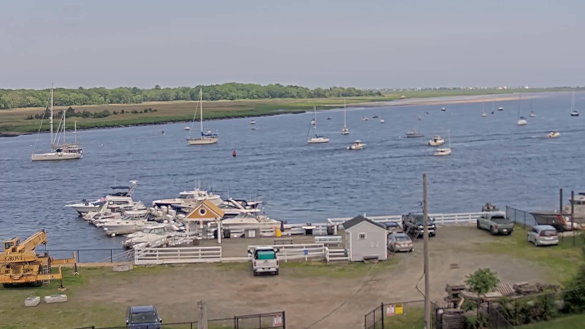 A marina with numerous boats docked and several more sailing on a calm, sunny body of water bordered by green land.