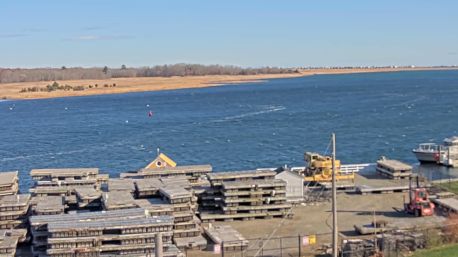 A nighttime view of a harbor filled with numerous boats and small structures, under a dark sky.