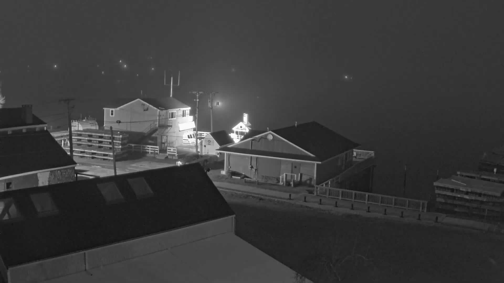 A foggy night scene shows several buildings near a body of water, with some lights visible in the distance.