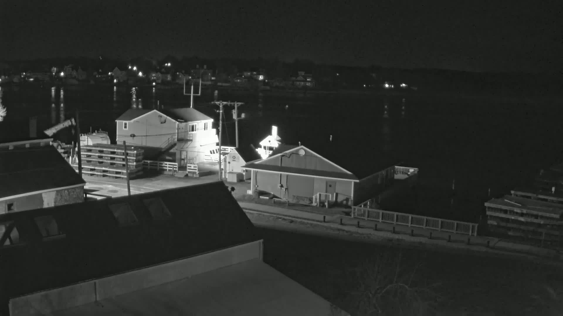 A nighttime, black and white view of a waterfront area with several buildings and a body of calm water.