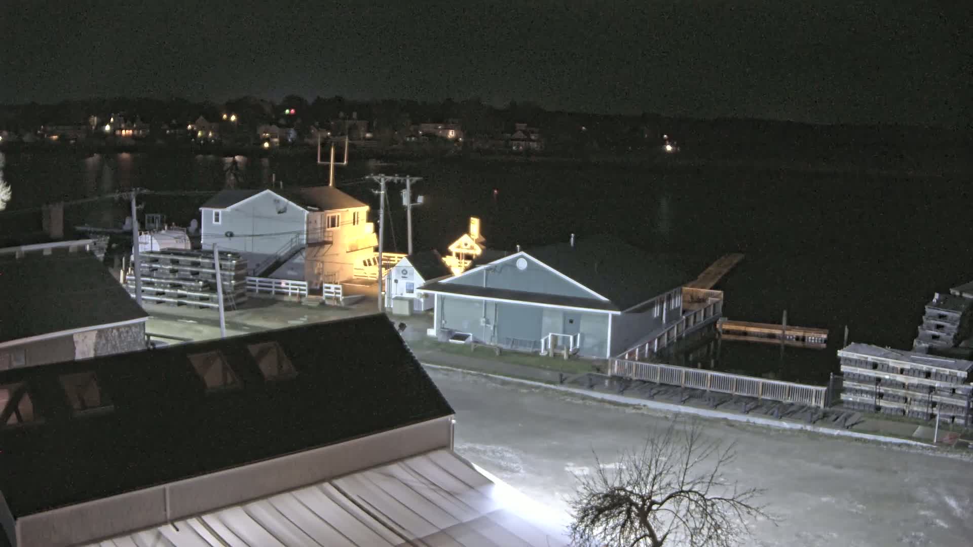 A nighttime view of a waterfront area with several buildings, boats, and docks, under clear skies.