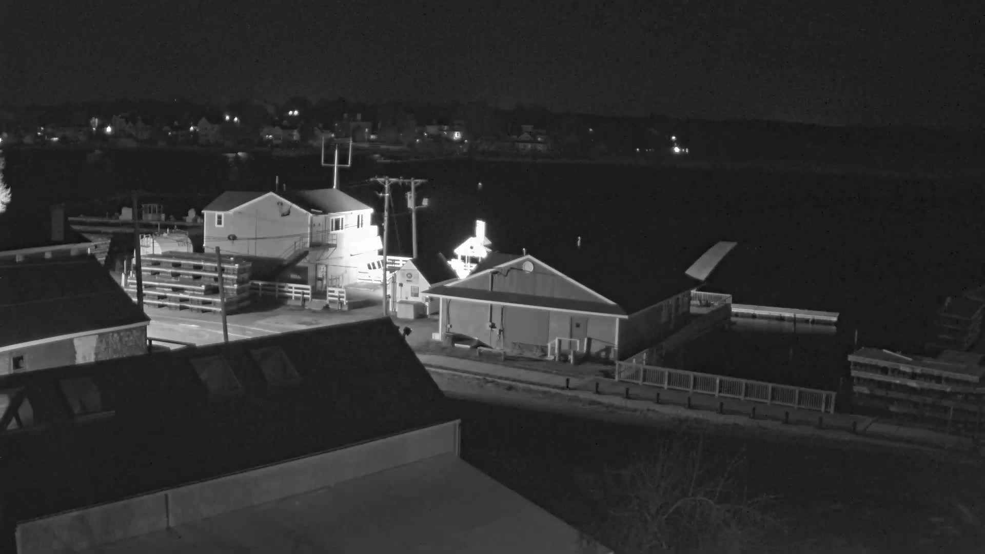 A nighttime, black-and-white view of a waterfront area with several buildings, a dark body of water, and stacks of what appear to be wooden pallets.
