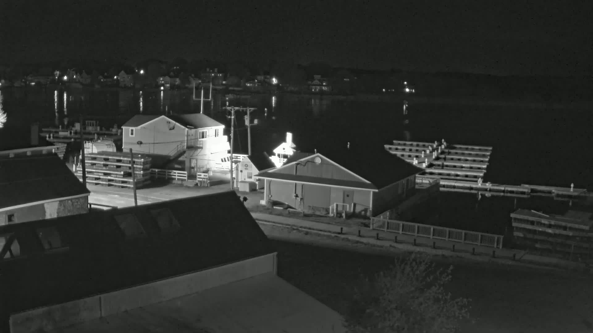 A nighttime view of a waterfront area shows several buildings near a calm body of water with boat slips and docks.