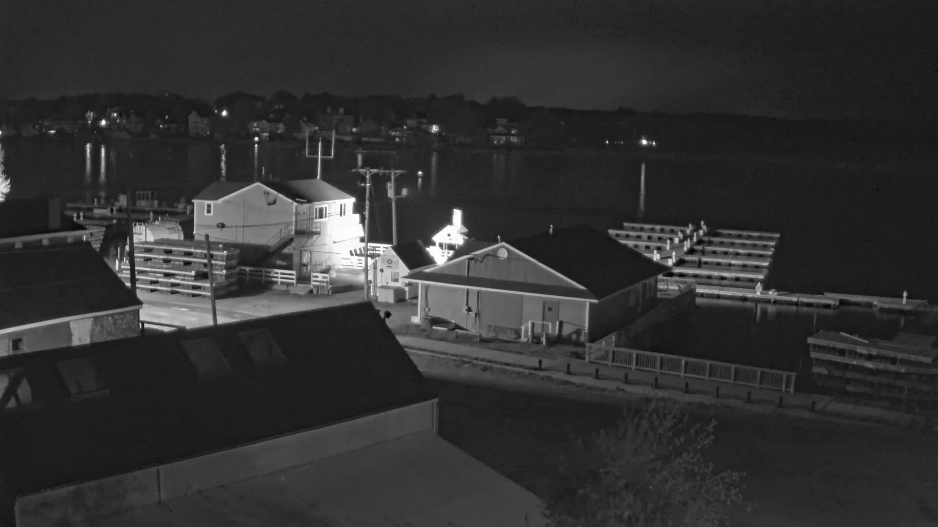 A nighttime view of a waterfront area shows several buildings near a calm body of water with boat docks.