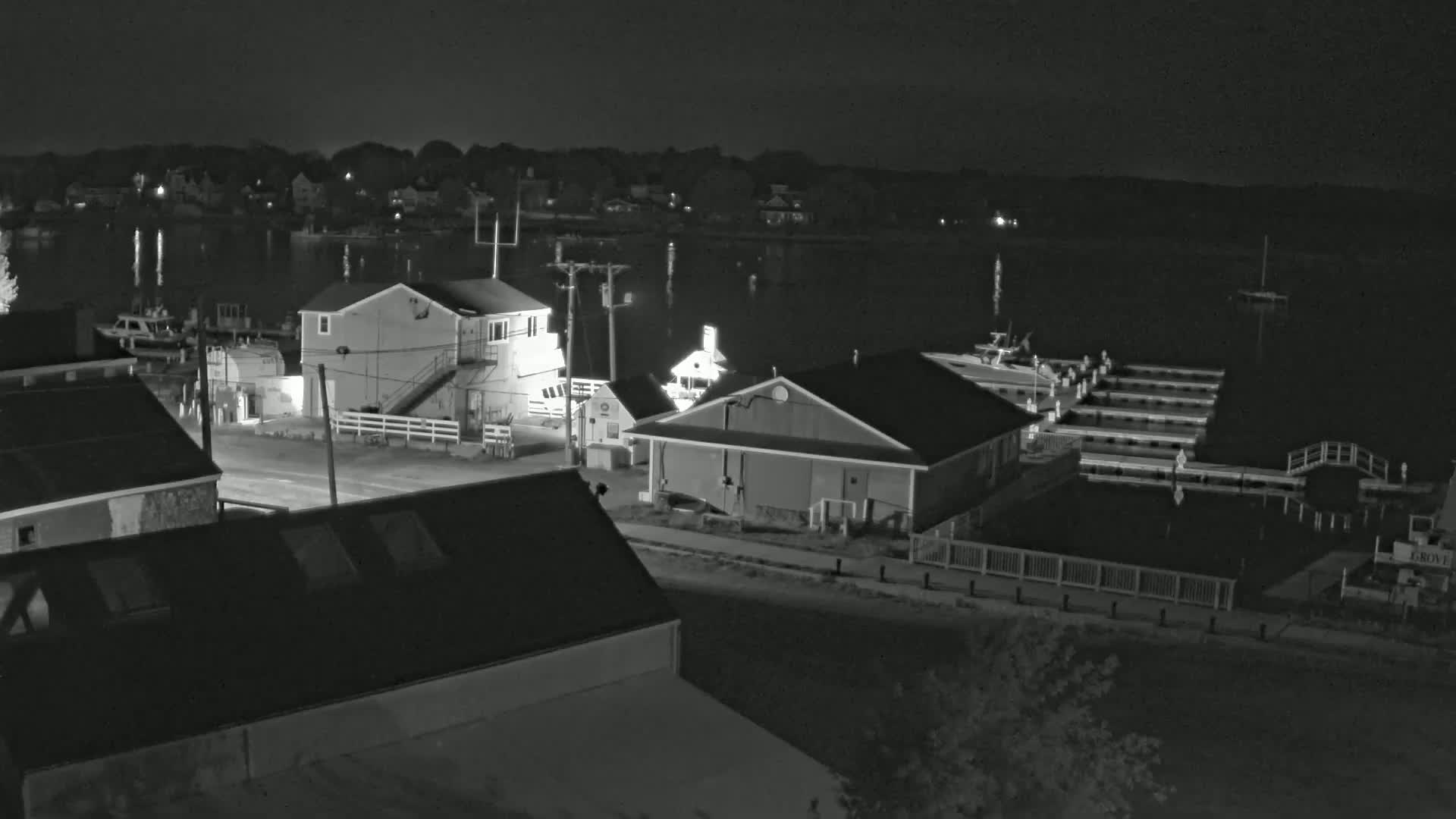 A nighttime, grayscale view of a waterfront area with several buildings near a marina and calm water.