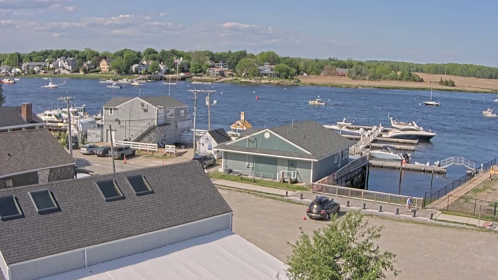 A mostly sunny day overlooks a calm river with numerous boats docked at a marina near a small town.