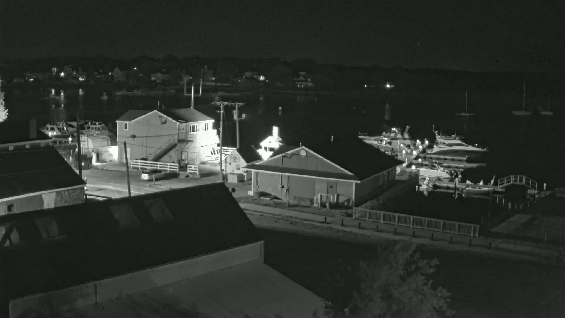 A nighttime, low-light view of a waterfront area with several buildings, boats docked at a marina, and a calm body of water.