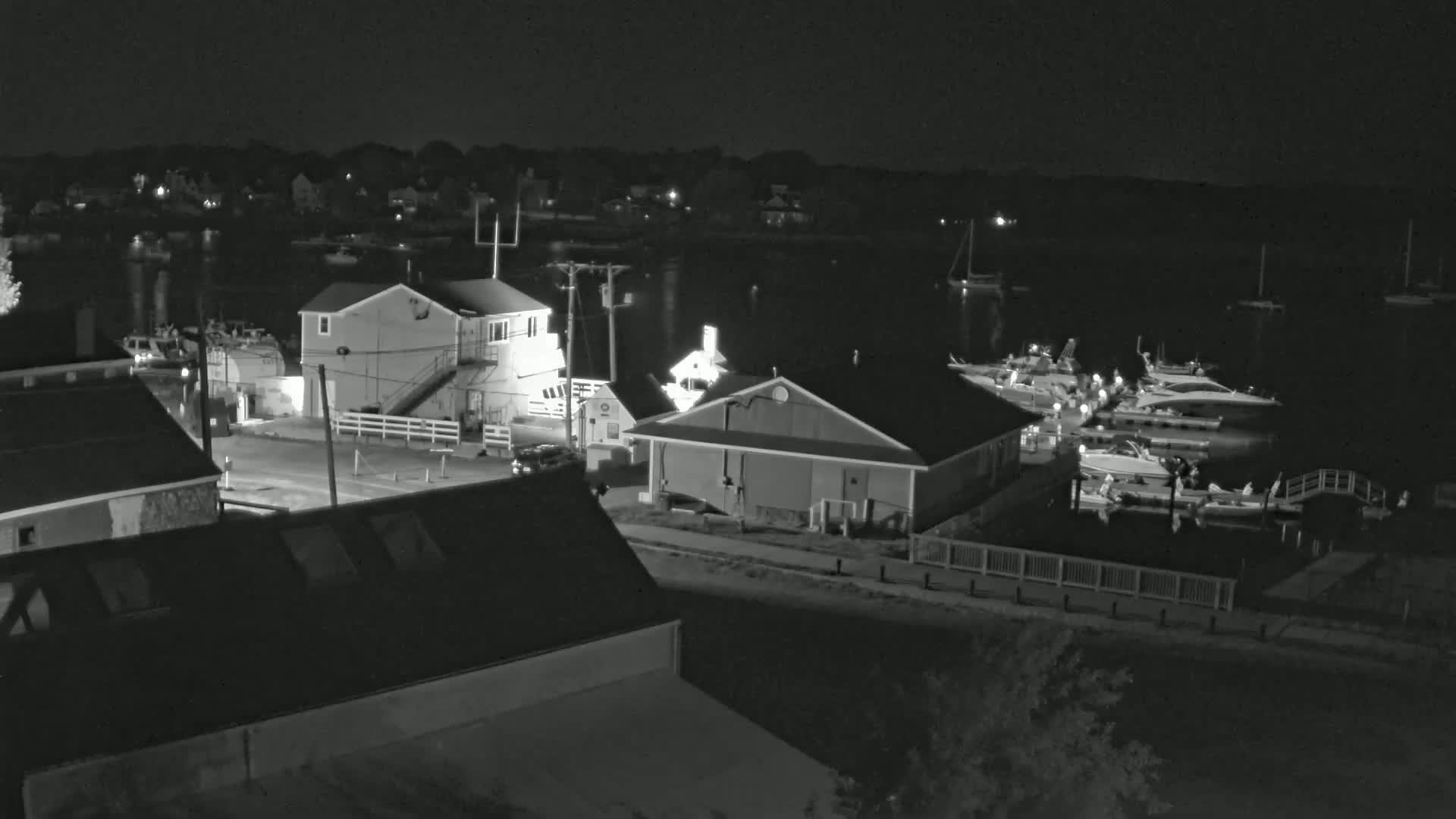 A nighttime, grayscale view of a harbor with several boats docked, buildings along the waterfront, and a calm body of water.