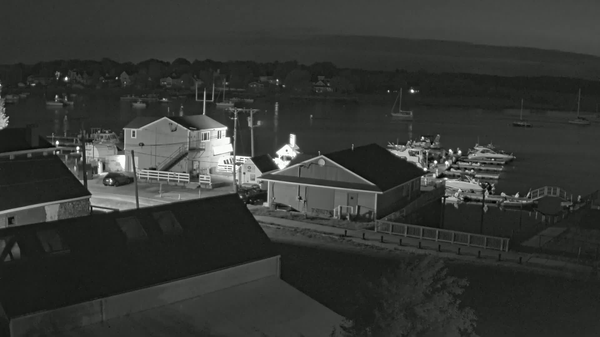 A nighttime, black and white view of a harbor with several boats docked, houses and buildings along the waterfront, and a calm body of water.