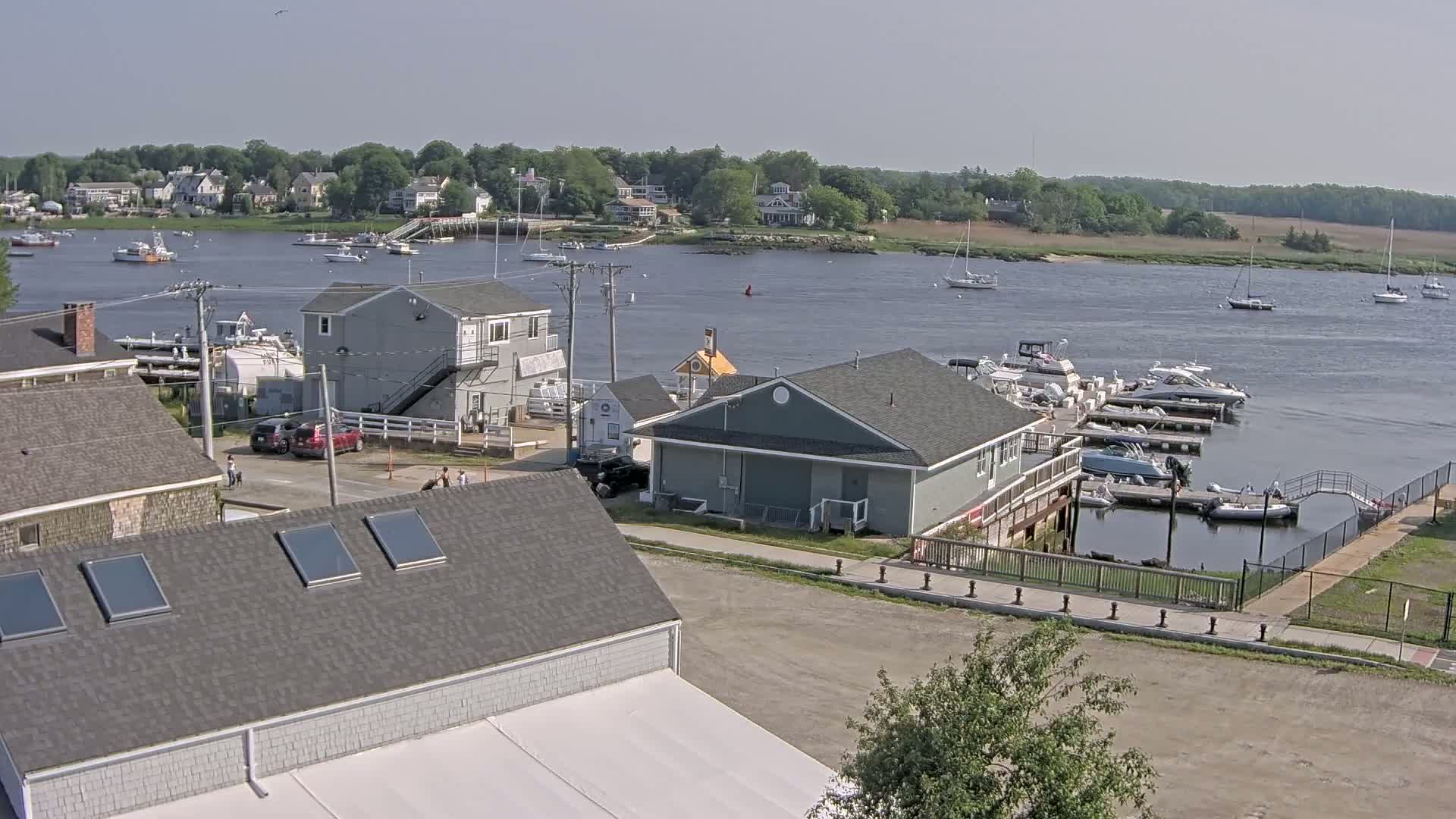 A marina with numerous boats docked, situated near waterfront houses under a clear sky.