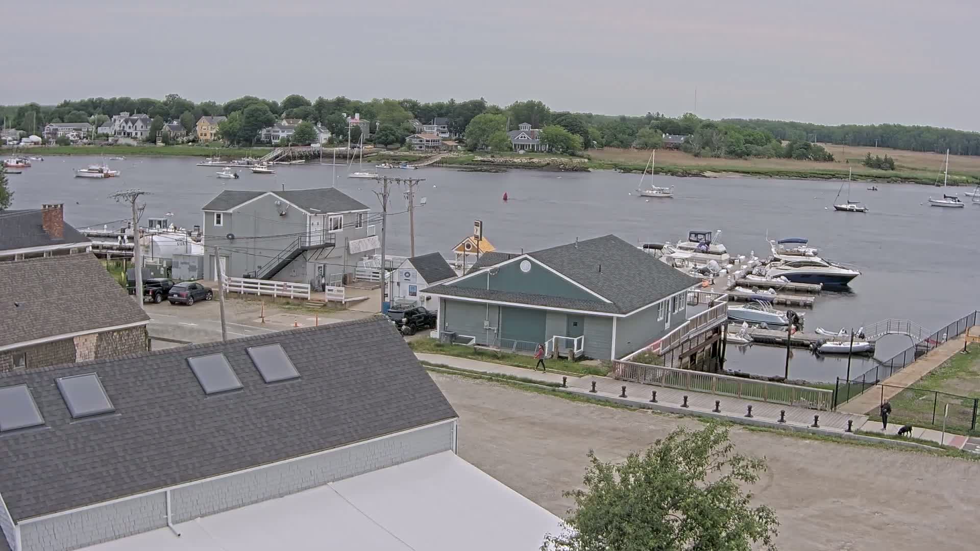 A waterfront scene on an overcast day shows a marina with numerous boats, several buildings, and a few cars parked nearby.