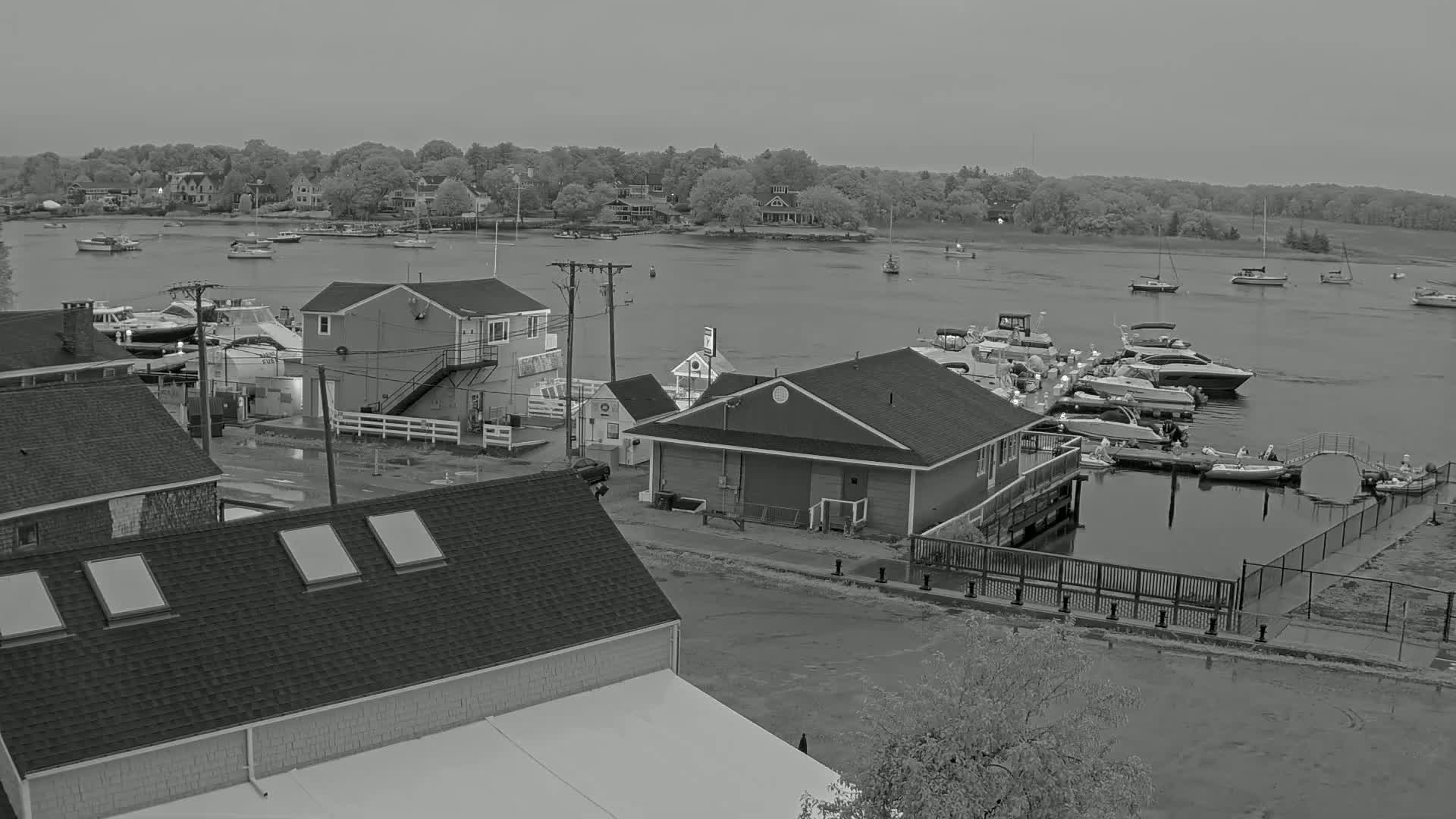 A grayscale view of a waterfront area with several buildings, numerous boats docked and in the water, and overcast skies.
