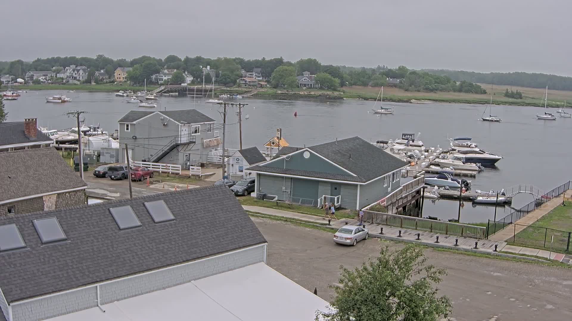 A marina with numerous boats is situated on a calm body of water under an overcast sky, near a residential area with houses and buildings.