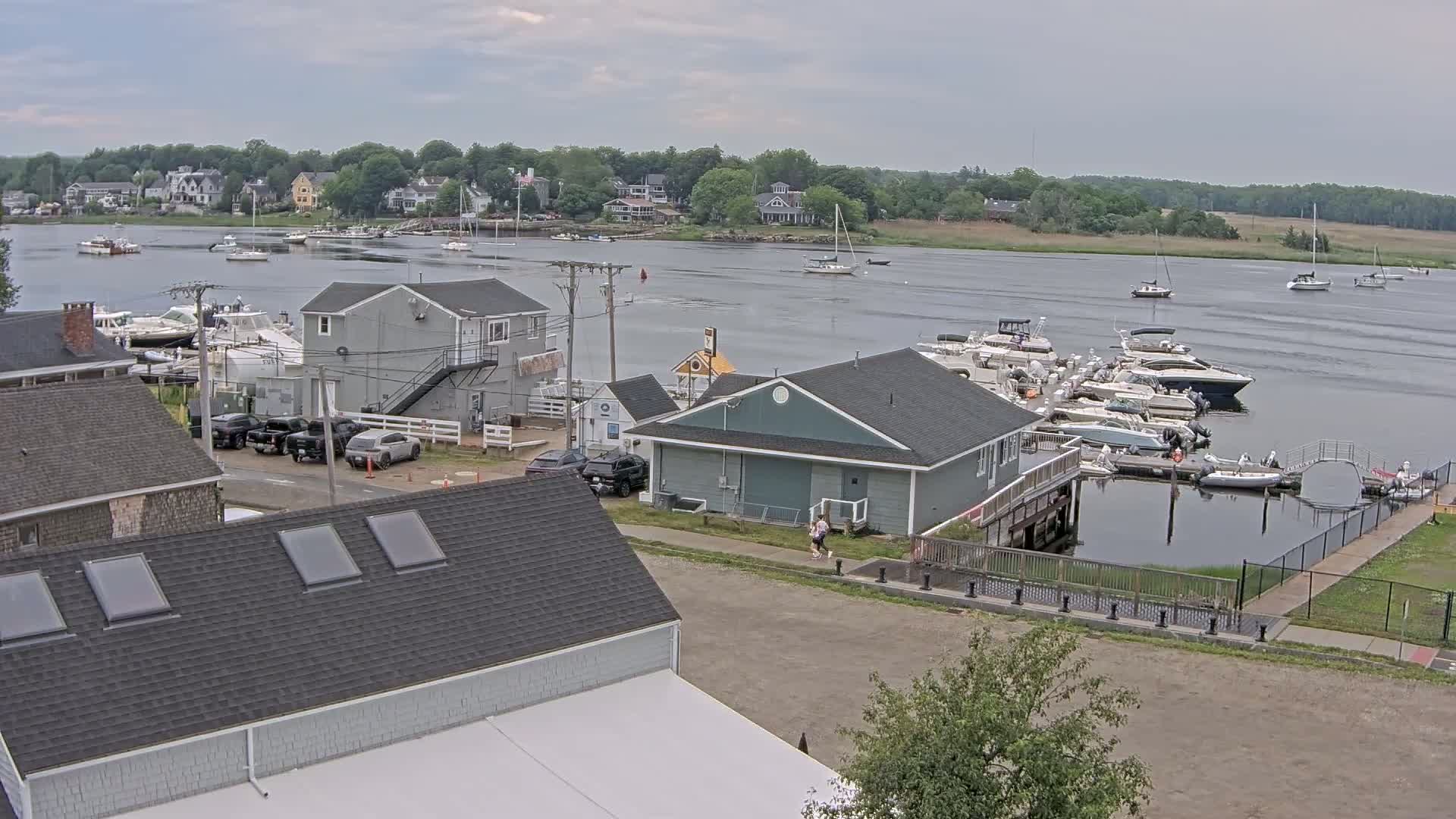 A marina filled with boats is situated on a calm body of water under an overcast sky, next to a residential area with houses and a road.