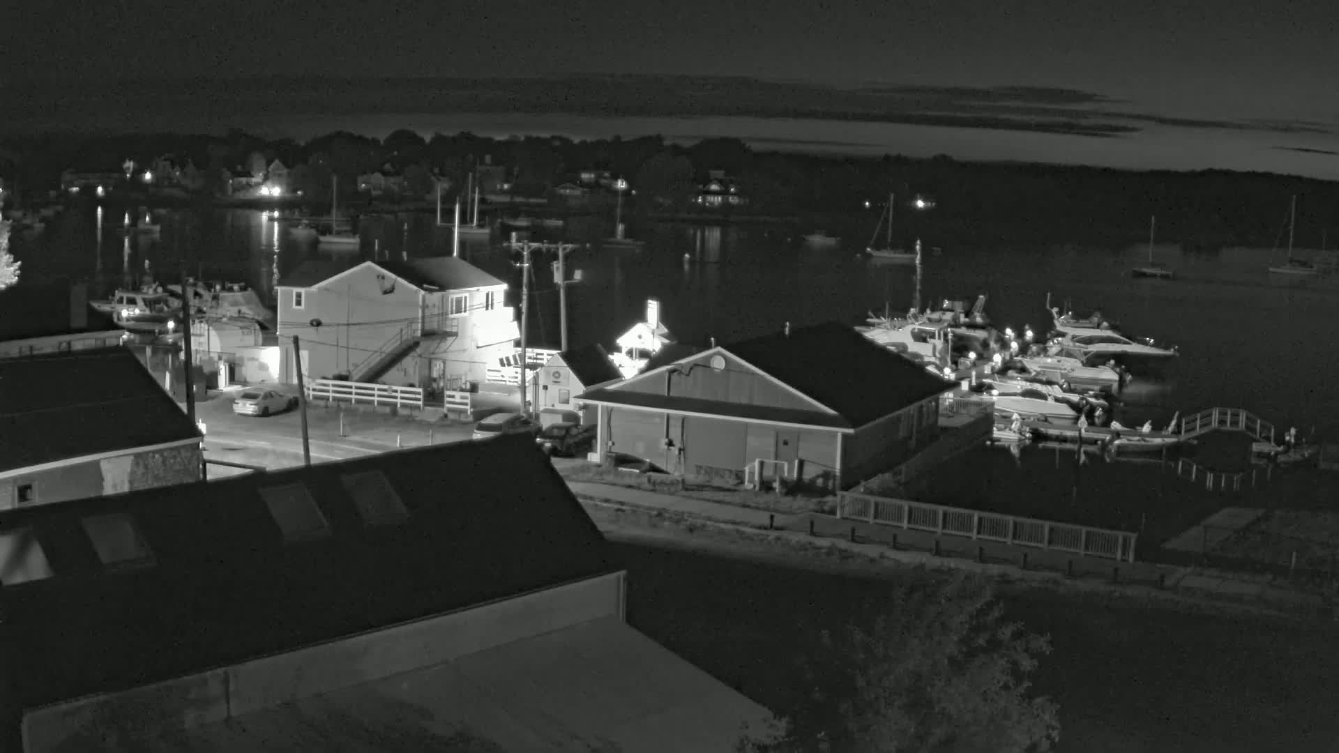 A nighttime, black-and-white view of a waterfront area with buildings, docked boats, and cars parked along a road.
